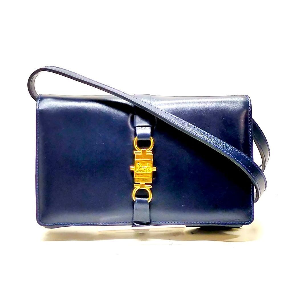 Auth Vtg Celine Small Navy Blue Polished Leather Trio Shoulder Bag 1970s Caleche